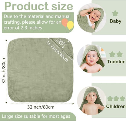 Peryiter 4 Pcs Muslin Hooded Baby Towels, 32"x 32" Cotton Newborn Bath Towel Muslin Infant Baby Blankets Absorbent Unisex Newborn Registry Gift Essentials for Girls Boys (Green,Gray,Beige)
