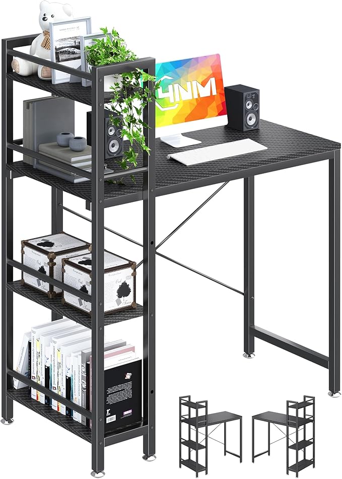4NM 35" Small Computer Desk with 4-Tier Bookshelf, Home Office Desk Writing Workstation Study Table Multipurpose for Small Space Work - All Black