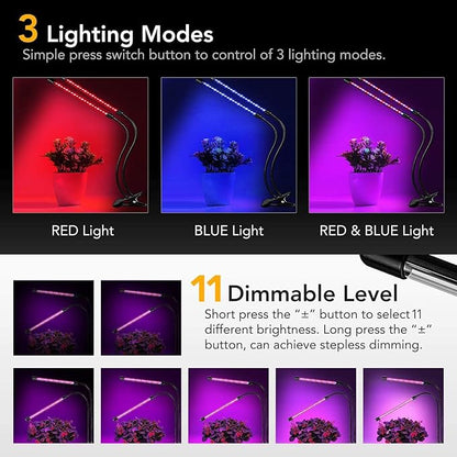 iPower LED Grow Lights for Indoor Plants, Full Spectrum Plant Growing Lamp with Red Blue LEDs, 11-Level Dimmable, Auto On Off with 3/9/12H Timer, 2 Tubes