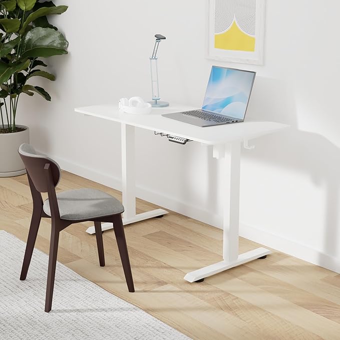 SHW 48-Inch Electric Height Adjustable Sit to Stand Desk with Hanging Hooks and Cable Management, White Frame and White Top