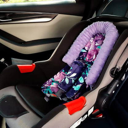 Baby Car Seat Head Support for Girls, Infant Carseat Insert Super Soft Fleece Newborn Headrest Seatbelt Covers for Car Seat, Stroller, Bouncer, Purple Flower
