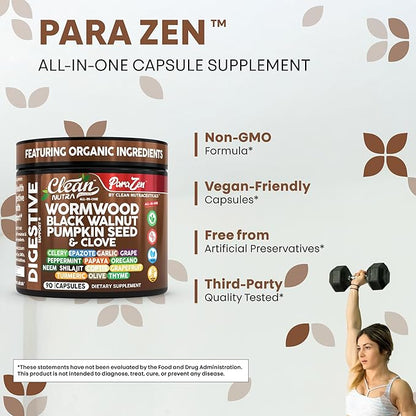 Clean Nutra Wormwood Black Walnut Pumpkin Seed Clove Oil Celery Garlic Grape Papaya Neem Diatomaceous Earth Womens Probiotic Gut Health Cleanse Detox Oregano Olive Turmeric Supplement Vegan Capsules
