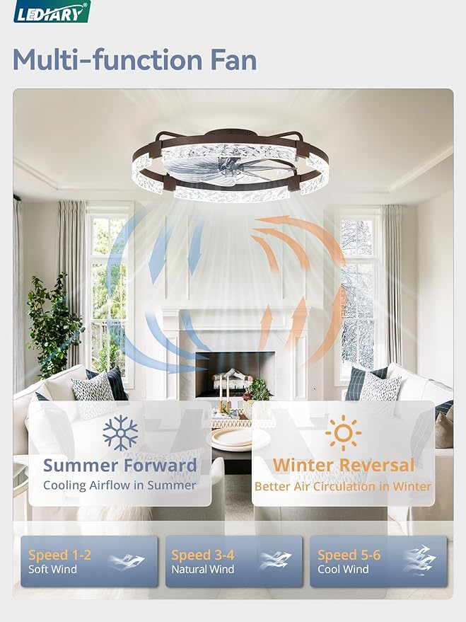 LEDIARY 24 Inch Low Profile Ceiling Fans with Lights and Remote, Flush Mount Fandelier Ceiling Fan, 3000K-6000K Dimmable LED Fan Light, Brown Modern Ceiling Fans with Lights for Bedroom