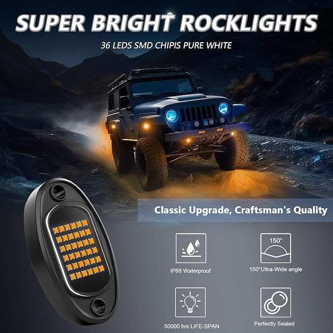 Rock Lights Ultra Bright LED Neon Underglow Lights Waterproof for Trucks Pickup SUV UTV ATV RZR Car Boats Motorcycle (Yellow, 16 Pods+ 33ft Wire Harness)