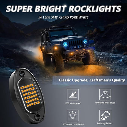 Rock Lights Ultra Bright LED Neon Underglow Lights Waterproof for Trucks Pickup SUV UTV ATV RZR Car Boats Motorcycle (Yellow, 16 Pods+ 33ft Wire Harness)