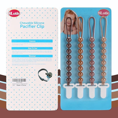 4-Pack Silicone Pacifier Clips with One-Piece Beads for Baby Boys and Girls - Flexible and Rust-Free Holders for Teething Relief and Baby Essentials, Safe for Newborns (Brown)