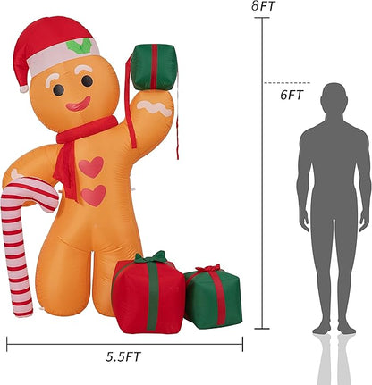 Peyton 8FT Inflatable Gingerbread Man with Candy Cane and Three Gift Boxes,LED Lighted Christmas Decoration Indoor and Outdoor.