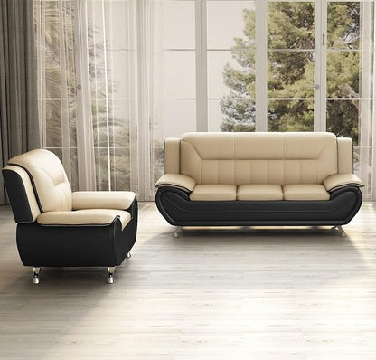 Container Furniture Direct Michael Modern Faux Leather Upholstered Stainless Steel Legs Living Room Sofa, Chair, Camel/Black
