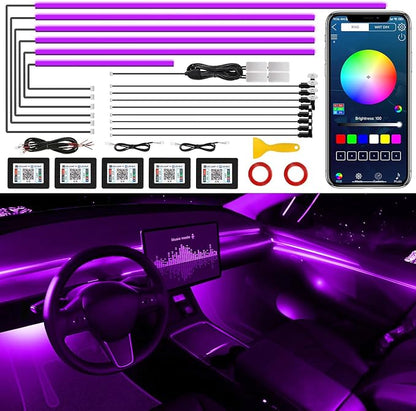 Acrylic Interior Car LED Strip Light with Wireless APP, Car Accessories 18 in 1 with 175 inches 593 LEDs Fiber Optic Ambient Lighting Kits, RGB Dynamic Music Sync Neon LED Strip Light for Car