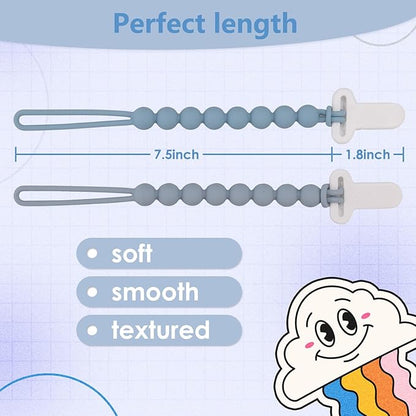 4-Pack Silicone Pacifier Clips with One-Piece Beads for Baby Boys and Girls - Flexible and Rust-Free Holders for Teething Relief and Baby Essentials, Safe for Newborns (Grey)