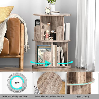 Nidouillet Small Rotating Bookshelf, 2 Tier Revolving Bookcase 360° Display Round Bookshelf Narrow Swivel Corner Book Shelf Standing Bookcase Adult Bedroom