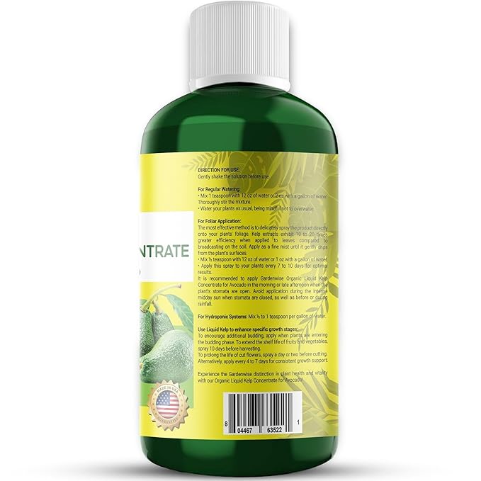 Organic Premium Kelp Seaweed Fertilizer - Liquid Plant Food - Nutrient-Rich Soil Enhancer - Improves Fruit Yield and Quality - Natural Plant Food for Avocado Tree (16 OZ)
