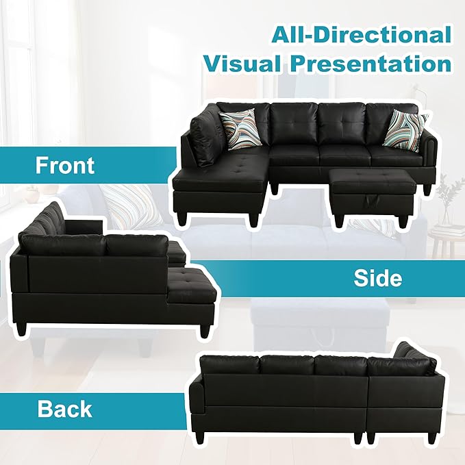 L Shaped Couch Faux Leather Sectional Couch Upholstered 3 Pieces Sofas for Living Room with Chaise, Storage Ottoman for Office and Small Apartment, Classic Black