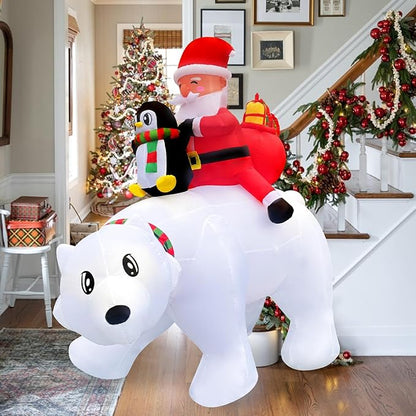 6FT Christmas Inflatable Santa Riding Polar Bear with Penguin Decorations, LED Light Up & Built-in Speaker, Blow Up Outdoor Indoor Xmas Yard Decor for Lawn Garden Party Holiday Season