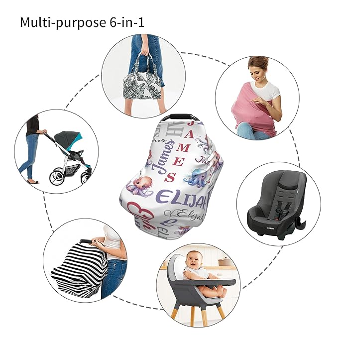 Personalized Baby Car Seat Cover with Name Stroller Canopy Custom Octopus Carseat Cover Newborn Baby Boy Girl Nursing Cover for Moms First Birthday Gift