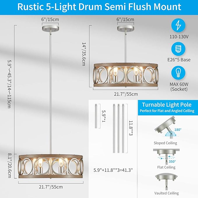 XINGQI Rustic Chandelier Brushed Nickel, Drum Chandeliers for Dining Room Modern Light Fixture Over Table Farmhouse Metal Wood Grain Pendant 5 Lights