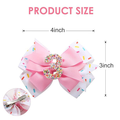 2Pcs Birthday Hair Bow for Baby Girls 2 3 4 5 6 7 Years Sprinkle Decorations Confetti Ice Cream Party Pink Pigtail Hair Accessories for Three 3rd Third Birthday