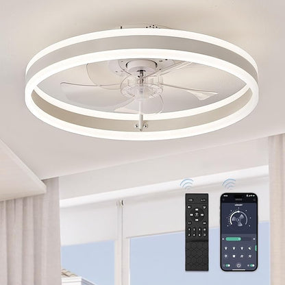 LEDIARY Low Profile Ceiling Fans with Lights, Flush Mount Modern Ceiling Fan and Remote Control, 19.7" LED Ceiling Fans, Stepless Dimmable 3 Colors and 6 Speeds - White