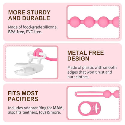 4-Pack Silicone Pacifier Clip with Adapter Ring Fits MAM Dummy, Soft Flexible Binky Holder for Button-Style Maam Dummies, Anti-Loss Paci Clips for Baby Girls, Xmas Gifts Baby Shower Essentials
