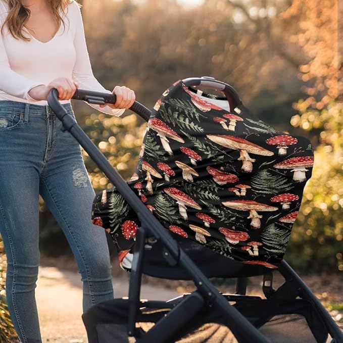 Coldinair Mushroom Car Seat Cover for Babies Girls,Nursing Cover,Soft Stretchy Infant Carseat Canopy,Shopping Cart/High Chair/Stroller Covers
