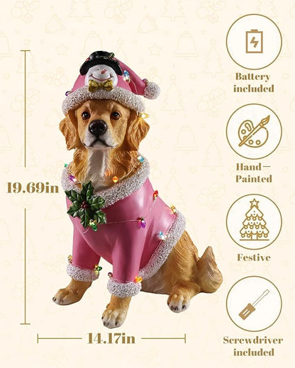 Christmas Outdoor Decoration Dog Statue, LED Light Cute Golden Retriever Dog Sculpture with Pink Santa Outfit & Lights for Garden and Yard, Indoor Holiday Décor Gift for mom and dad