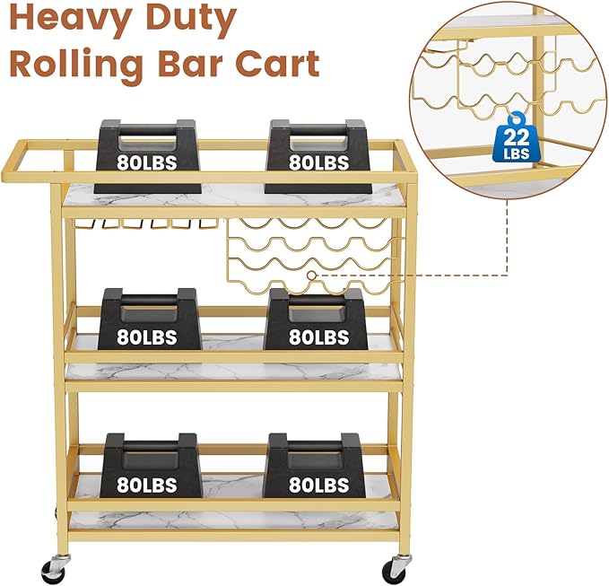 Leteuke Bar Cart for Home, 3 Tier Gold Serving Rolling Carts with Wheels, Drink Cart, Liquor Stand with Marbled Wooden Shelves, Wine Rack and Glass Holder for Kitchen, Dining Room
