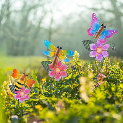 Topadorn Floral Garden Stakes Outdoor Plant Pick Waterproof Metal Flower Garden Stakes for Lawn Yard Patio,Pathway and Planter Pot Decor,Set of 3,Bee,Butterfly and Dragonfly