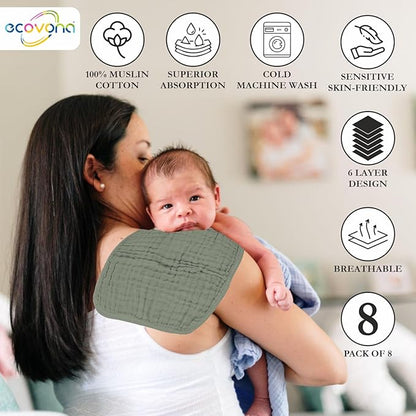 100% Cotton Baby Burp Cloths 10"x10" (8 Pack) Snuggle Comfort Muslin Washcloths - Newborn Baby Must Haves & Registry Gifts - Easy to Clean Cloth for Babies, New Born Boy & Girl (Fern)