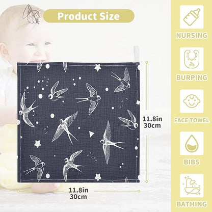 vvfelixl Swallow Bird Baby Burp Cloths Baby Muslin Washcloths for Boys Girls Cotton Baby Face Towel for Newborn Infants Soft and Absorbent 11.8 X 11.8 in, 5 Pack