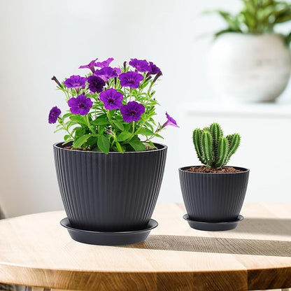 7/6.2/5.5/5/4.5/4 inch Flower Pots, 6 Pack Plant Pots for Small Indoor Outdoor Plants, Plastic Planters with Drainage Holes and Saucers for Garden Succulent House Plants, Black