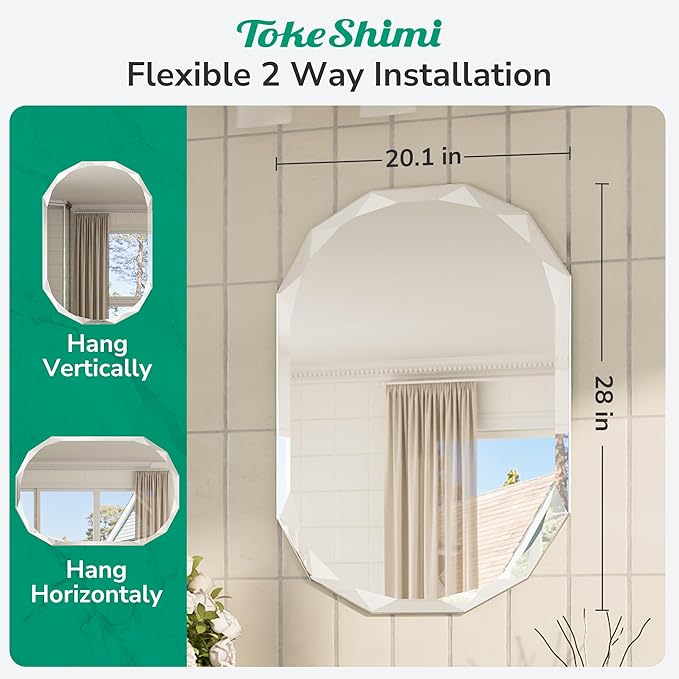TokeShimi 20x28 Irregular Wall Mirror Beveled, Frameless Mirror Bathroom Stylish, Shatterproof Decorative Oval Bathroom Vanity Mirrored Round Modern for Living Room, Entryway, Restroom