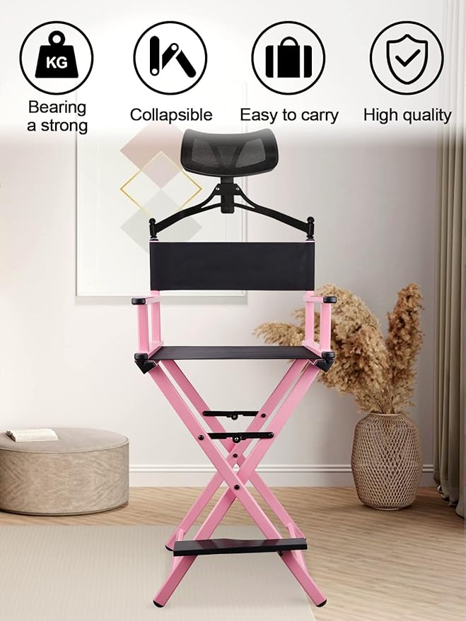 Lorvain Folable Makeup Artist Stool Chair, Protable Tall Folding Directors Chair, Aluminum Makeup Chair with Head Rest for Studio Salon Vanity, Bar Height - Pink Chair