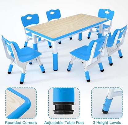 Kids Table and 6 Chairs Set，Height Adjustable Children Table & Chair，Toddlers Study Multi-Activity Table with 47.2"x23.6" Wipe-Clean Desktop，for Classrooms, Homes & Daycares