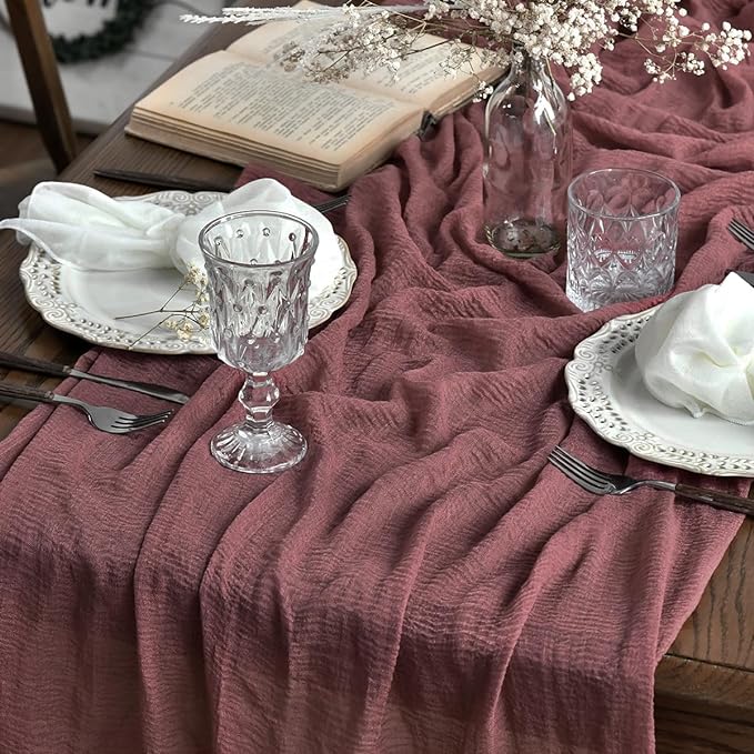 Artoid Mode Boho Cheesecloth Gauze Dusty Rose Wedding Table Runner, 120 Inch Seasonal Fabric Kitchen Dining Holiday Table Decor for Home Party Indoor