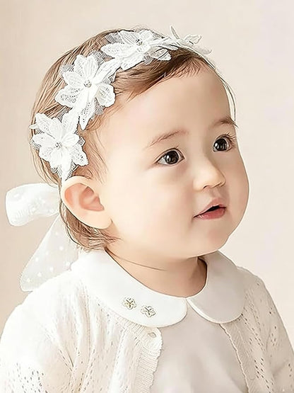 Baby Girls Flower Headbands Cute Kids Christening Headband Soft Lace Hairbands Floral Crown Newborn Infant Toddlers Hair Accessories for Birthday Party Photography(White Rhinestones Pearl)