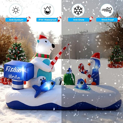 7FT Giant Inflatable Christmas Decor,Cute Polar Bear Fishing with Penguin, Holiday Party Decor,Outdoor Blow Up Yard Decoration with Built-in LED Lights for Xmas, Garden, Lawn