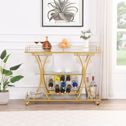 Gold Bar Carts with Glass Holders & Wine Rack,3 Tier Home Bar Serving Carts with Glass Shelves,Metal Rolling Bar Carts for The Home Kitchen, Party