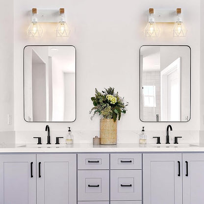 White Bathroom Vanity Light Fixtures, 2-Light Wood Bathroom Light Fixtures Over Mirror, Rustic Sconces Wall Lighting with Elegant Metal Lampshade for Living Room, Bedroom, Hallway