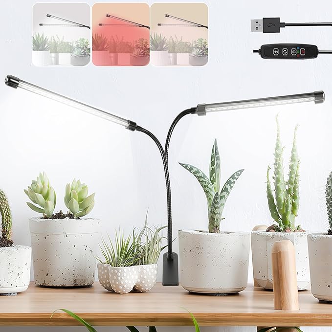 Full Spectrum Grow Lights for Indoor 6000K White Red 40 LEDs, 9-Level Dimmable Indoor Plant Growing Light for Seed Starting, Auto on/Off Clip Plant Grow Lamp, 3/9/12H Timer, Adjust Gooseneck