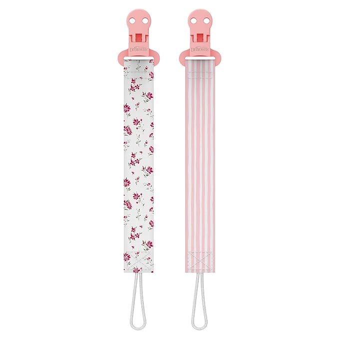Dr. Brown's Pacifier Clips, Universal Fit Fabric Strap for Pacifiers, Flowers and Stripes, BPA-Free, 0-18 Months, 2-Pack