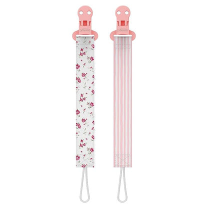 Dr. Brown's Pacifier Clips, Universal Fit Fabric Strap for Pacifiers, Flowers and Stripes, BPA-Free, 0-18 Months, 2-Pack