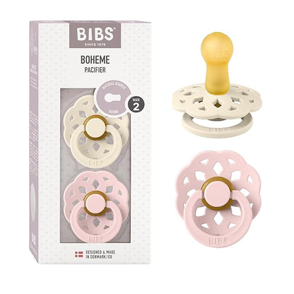 BIBS Pacifiers - Boheme Collection | BPA-Free Round Nipple | Nautral Rubber Latex | Made in Denmark | Set of 2 Ivory/Blossom Color Premium Soothers | Size 6-18 Months