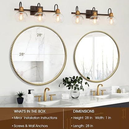 Round Bathroom Wall Mirror, 28"x28" Antique Gold Metal Beaded Frame Vanity Mirror, Wall Mounted Large Circle Makeup Mirror for Bedroom, Living Room, Entryway