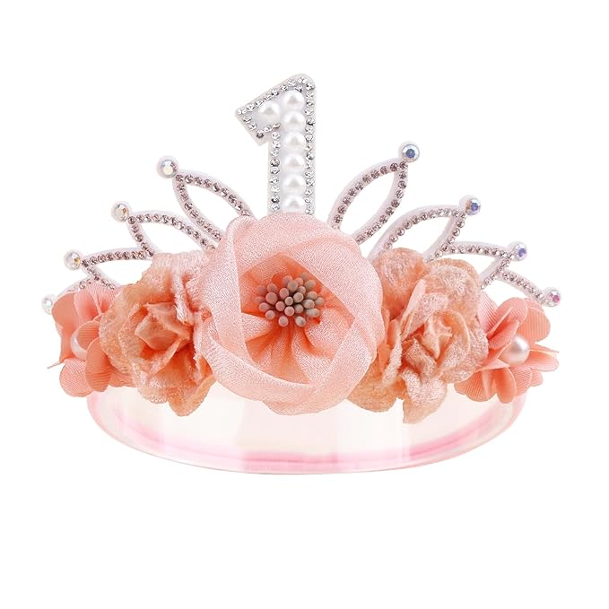 cherrboll Baby Girl Birthday Crown Floral Headband, Soft Flower Head Wrap Tiara Hairband for 1-3 Years Old Toddlers Kids First 1st Birthday Party Dress Photo Decoration