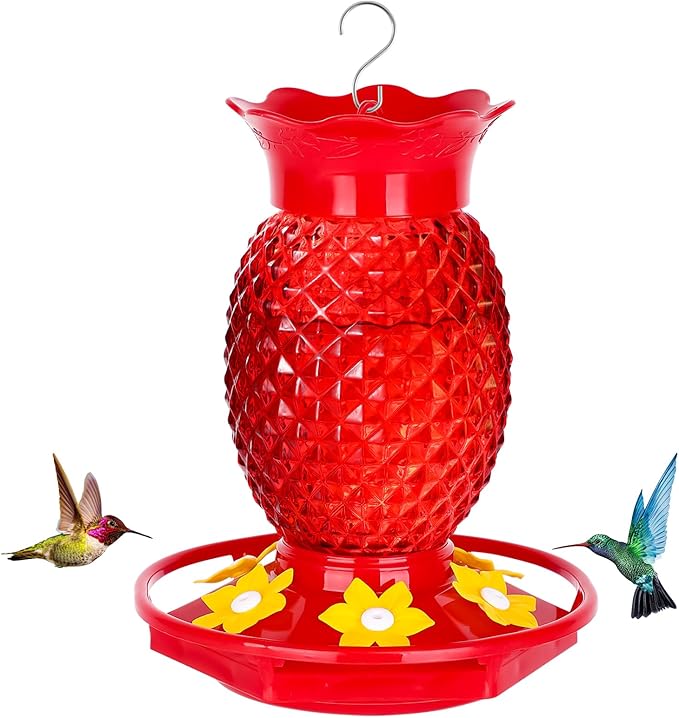 Glass Hummingbird Feeders for Outdoors Hanging Ant and Bee Proof Red 16OZ 1 Pack Pineapple Hummingbird Feeder with Leak Proof for Outside & 6 Feeding Ports Gifts for Women Garden Decor