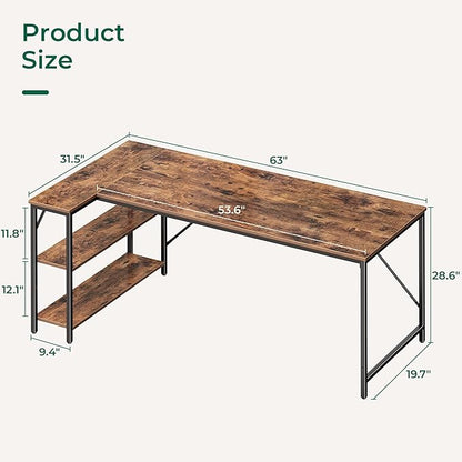 Huuger L Shaped Desk, 63 Inches Computer Desk with Reversible Storage Shelves, for Gaming Corner Home Office Writing Study, Metal Frame, Rustic Brown