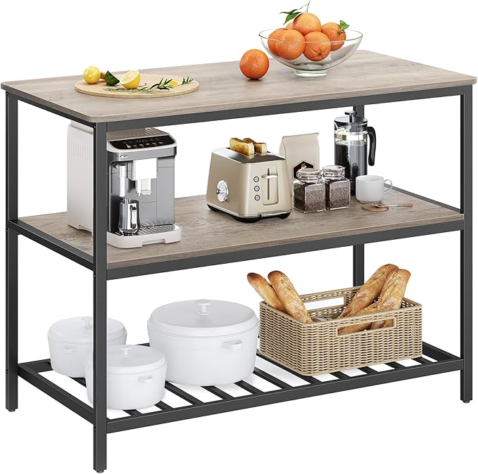 VASAGLE Kitchen Island with 3 Shelves, 47.2 Inches Width Kitchen Shelf with Large Worktop, Stable Steel Structure, Industrial, Easy to Assemble, Greige and Black UKKI001B02