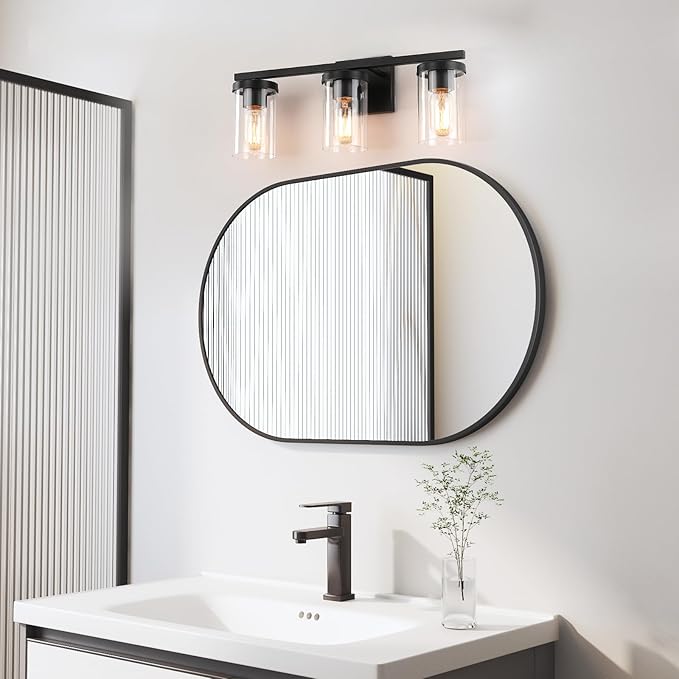 20in Bathroom Light Fixture Over Mirror, 3-Light Matte Black Vanity Lights with Clear Glass Shades, Modern Wall Sconces for Living Room, Bedroom, Hallway, E26 Base