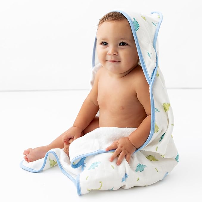Bamboo Viscose Baby Hooded Towel & Washcloth Set for Babies and Toddlers, Soft & Absorbent, 70% Viscose from Bamboo, 30% Cotton Muslin - Imported (Dinosaur)