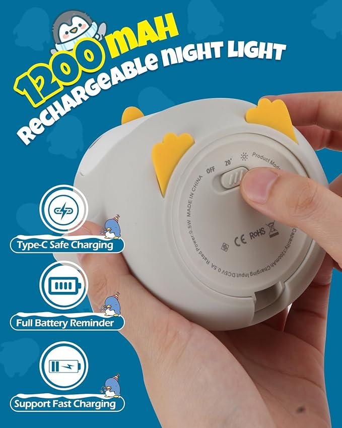 Cute Happy Penguin Night Light, Animal Lamp, Food Grade Silicone, Rechargeable, 2 Level Dimmable, Squishy Nursery Nightlight for Desk Decor, Funny Gifts Stuff for Boys Girls Baby, White Elephant Gifts